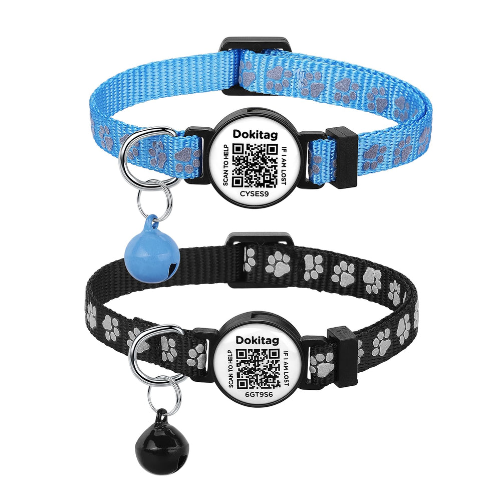 Dokitag reflective cat collar with QR buckle for night visibility.