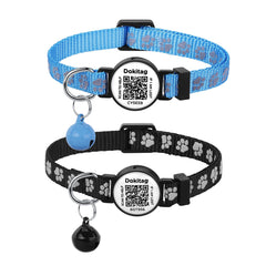 Dokitag reflective cat collar with QR buckle for night visibility.