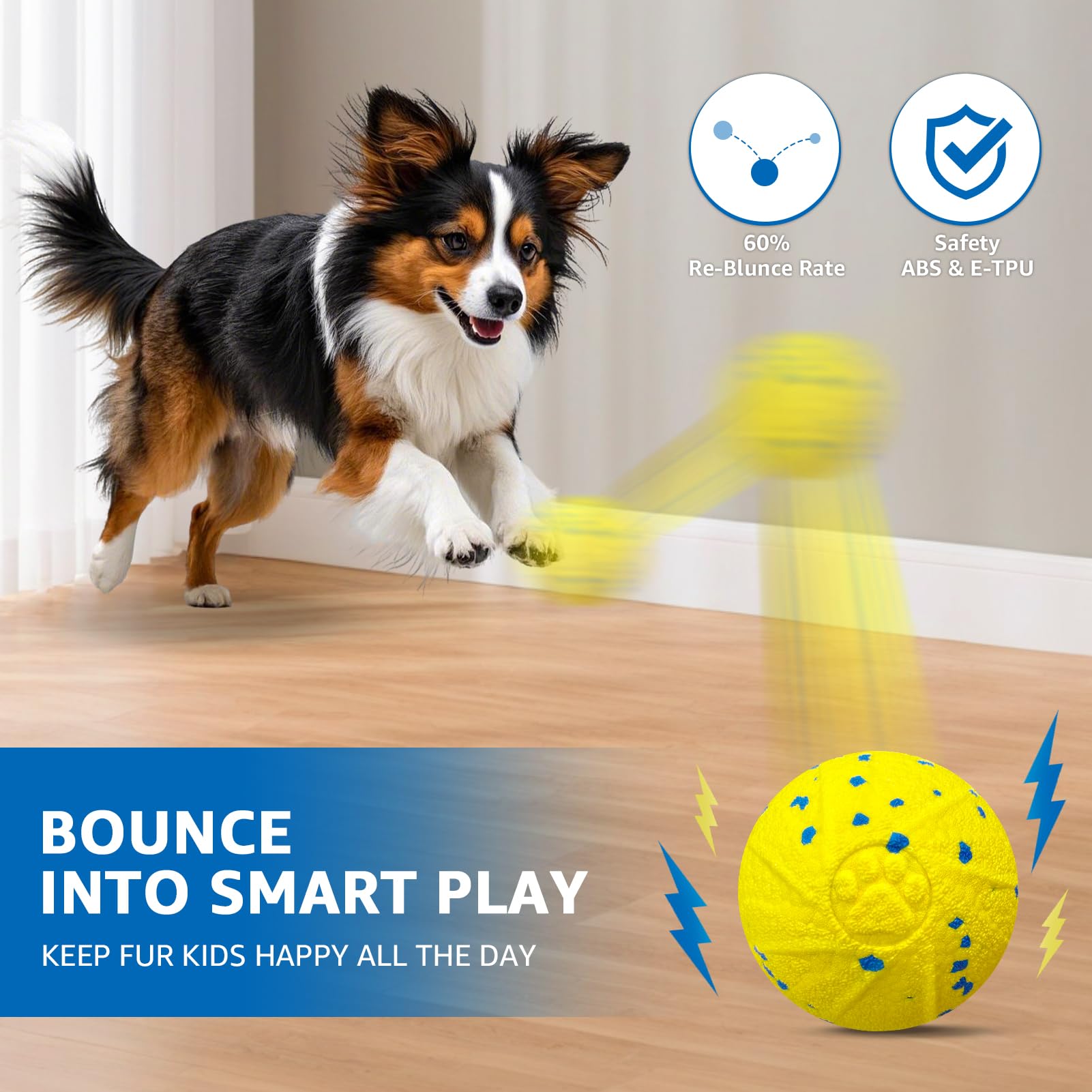 Dolita interactive dog ball mid-bounce showing unpredictable motion for chase