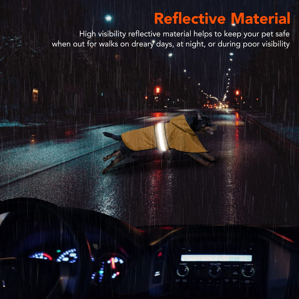 Domagiker yellow dog raincoat improves daytime visibility during walks.