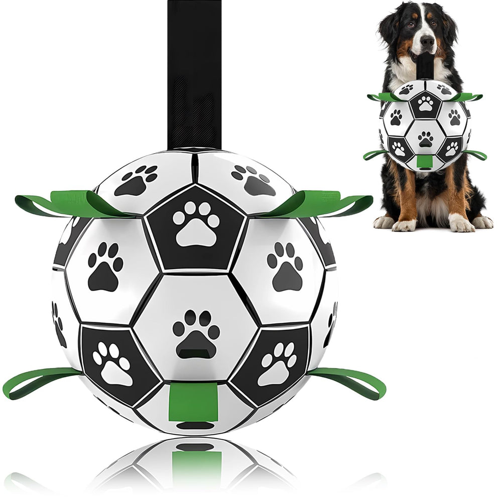 Domchan Ropes Soccer Ball Toy with tug grip for outdoor fetch and tug-of-war.