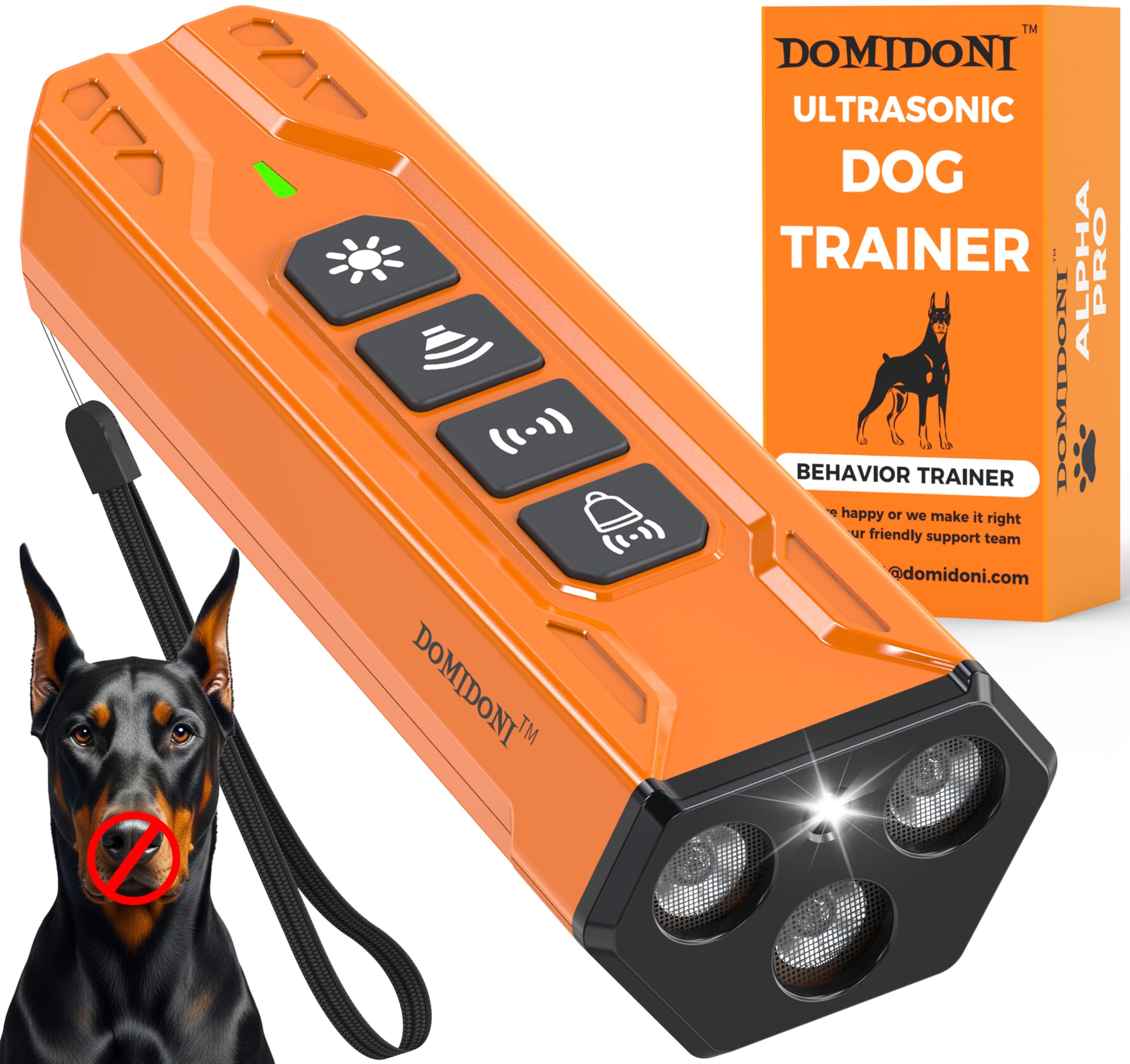 DomiDoni Alpha Pro front view, compact bark deterrent for humane training at home