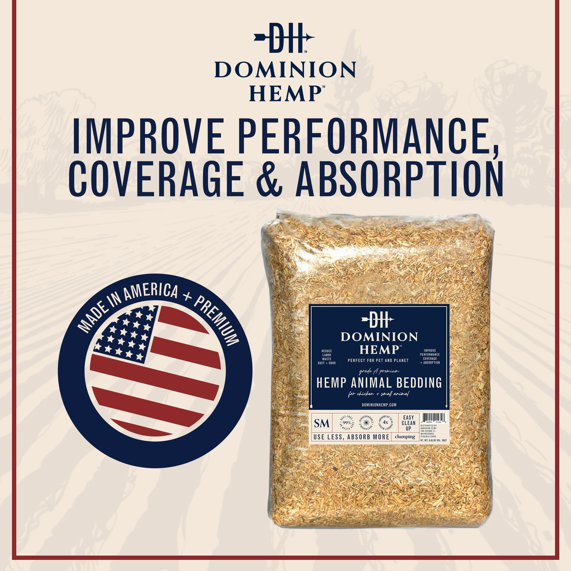 Dominion Hemp bedding suitable for outdoor enclosures and portable habitats.