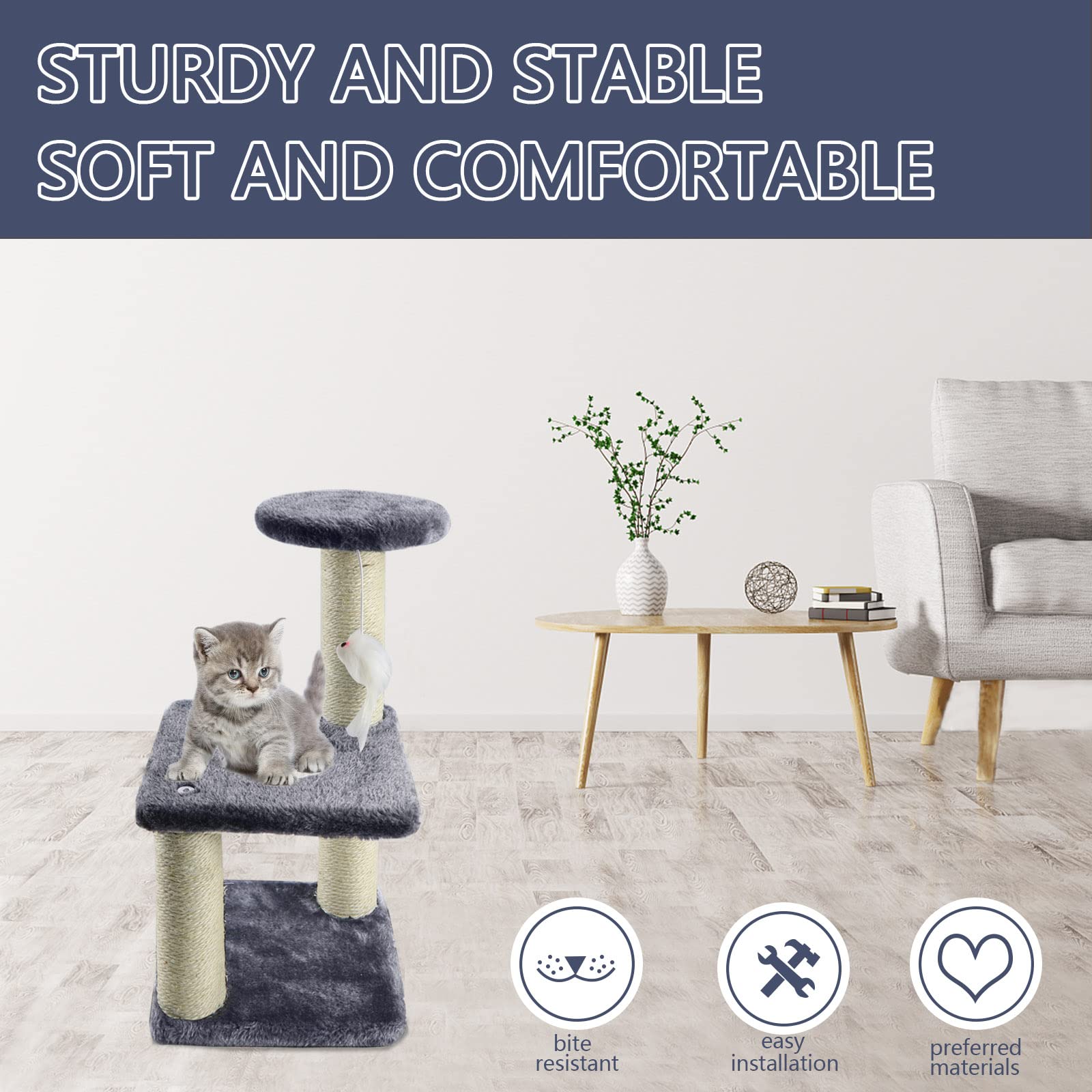 Donmnemb small cat tree sisal post close-up shows durable scratching surface.