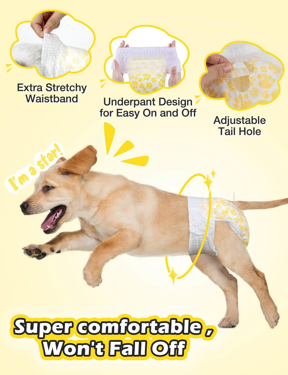 Dono Dog Diapers pulled-up design used for easy diaper changes.