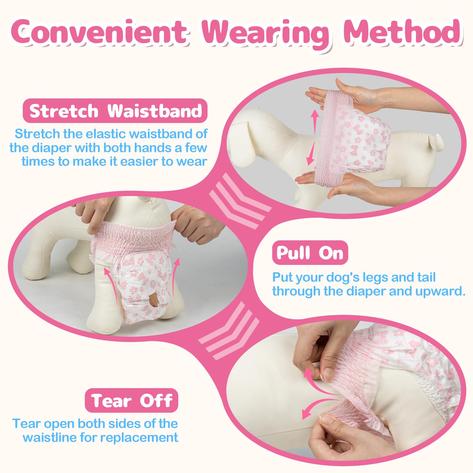 Dono elastic waist stretch tips illustrating easy wearing and sizing guidance.