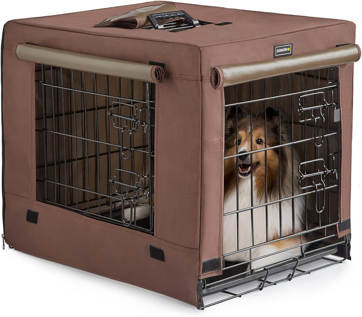 DONORO dog crate front view with double doors for easy access and secure containment.