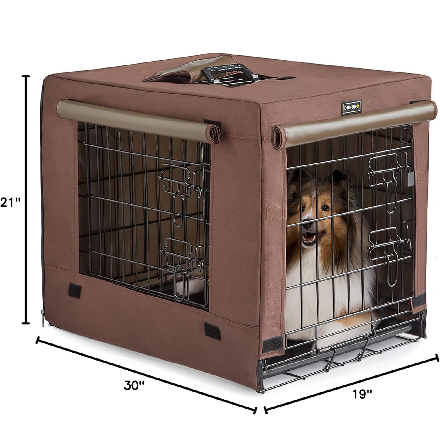 DONORO dog crate in living room setup demonstrates durable metal and clean lines.