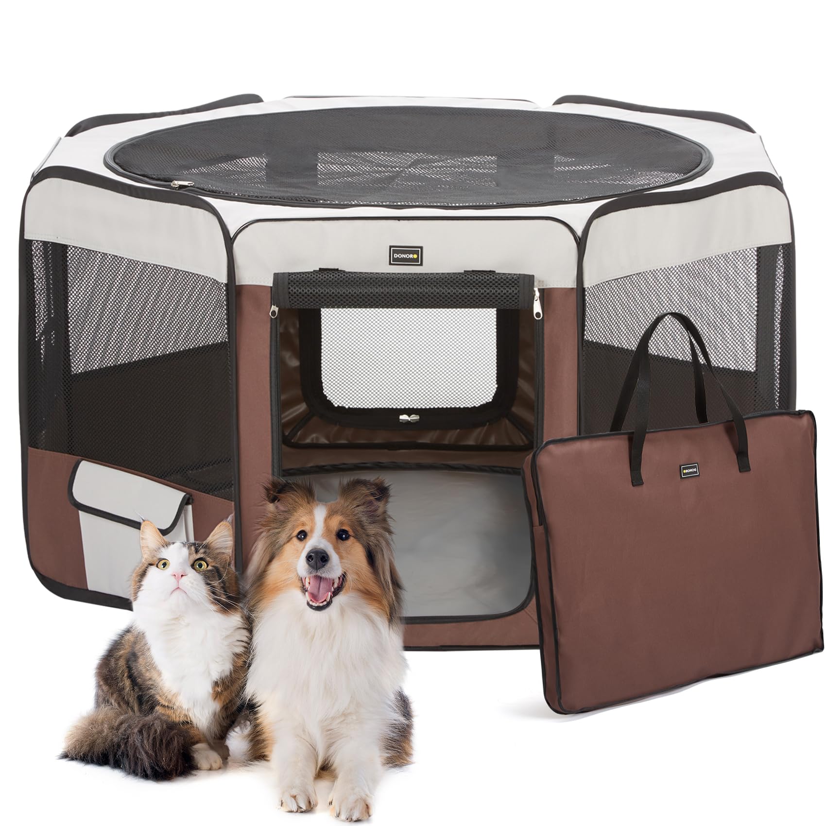 DONORO dog playpen setup with carry case for easy indoor-outdoor use