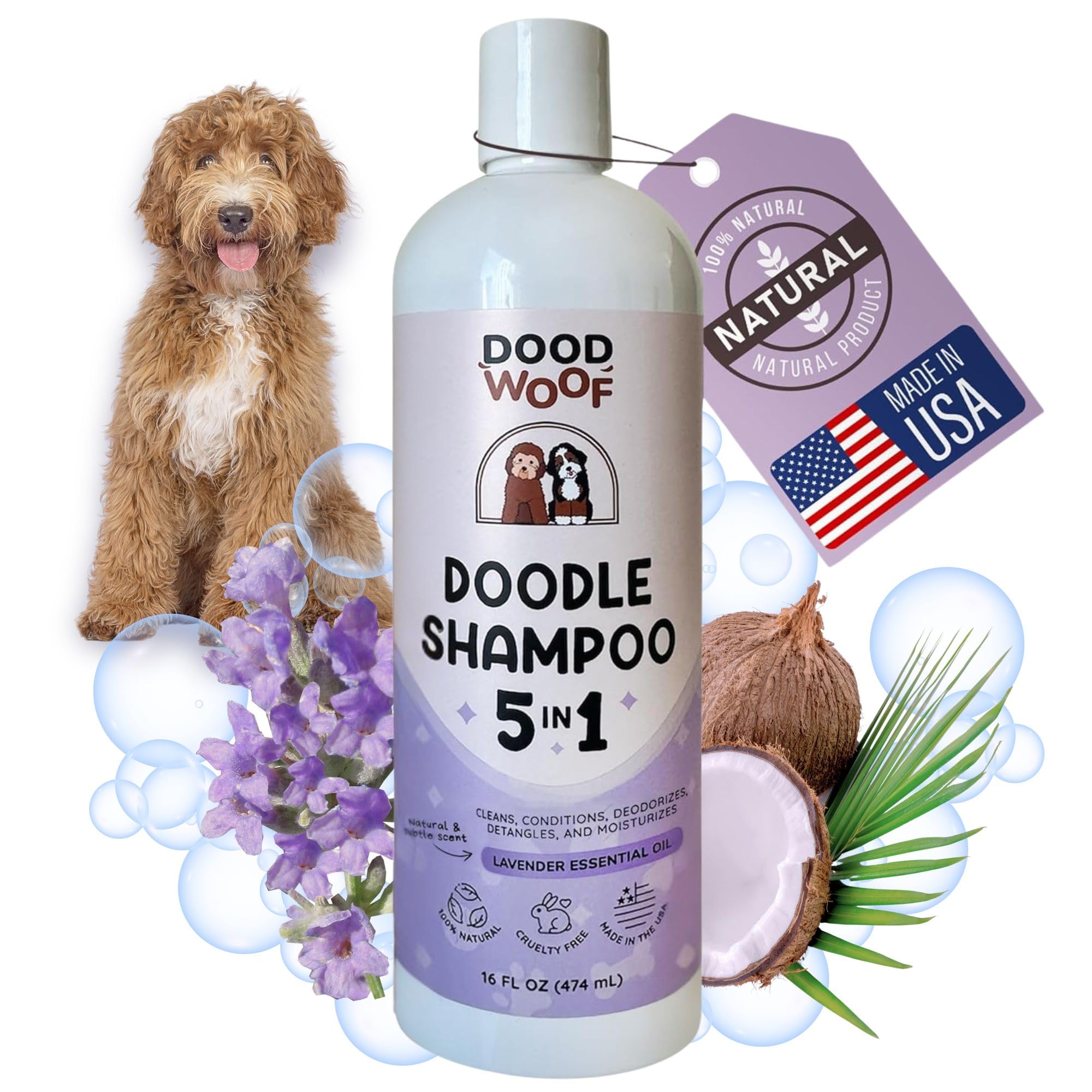 DOOD WOOF shampoo bottle front showing natural formula for sensitive skin.
