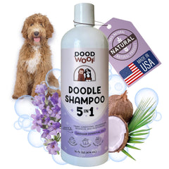 DOOD WOOF shampoo bottle front showing natural formula for sensitive skin.