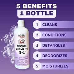 DOOD WOOF shampoo bottle with pump shows 5-in-1 benefits.
