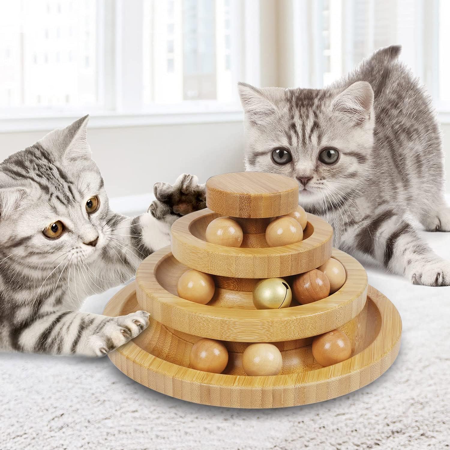 DoogCat cat ball track toy demonstrates a 3-level structure for kitten play and mental engagement.