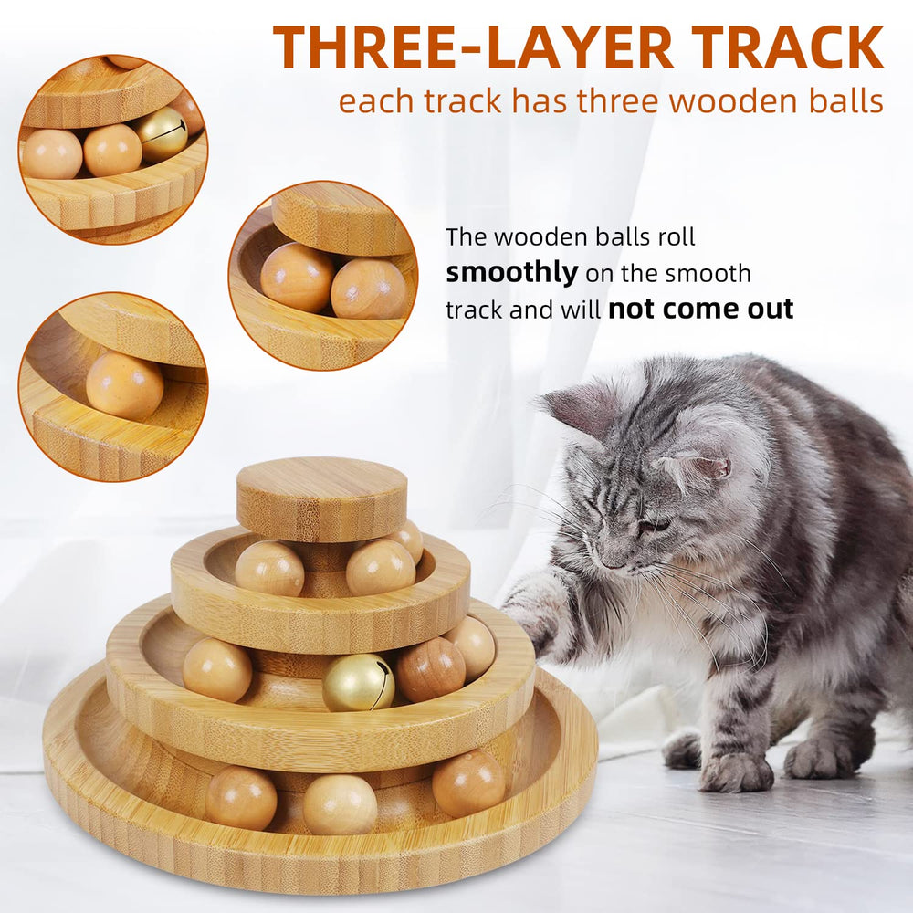 DoogCat wooden balls feature in motion on the track to spark curiosity and interactive play.
