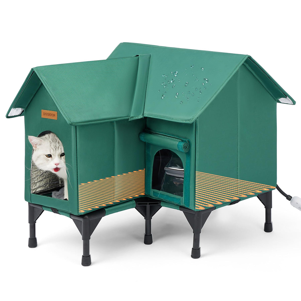 DOOKRON outdoor cat house exterior view highlights weatherproof green shelter for outdoor comfort