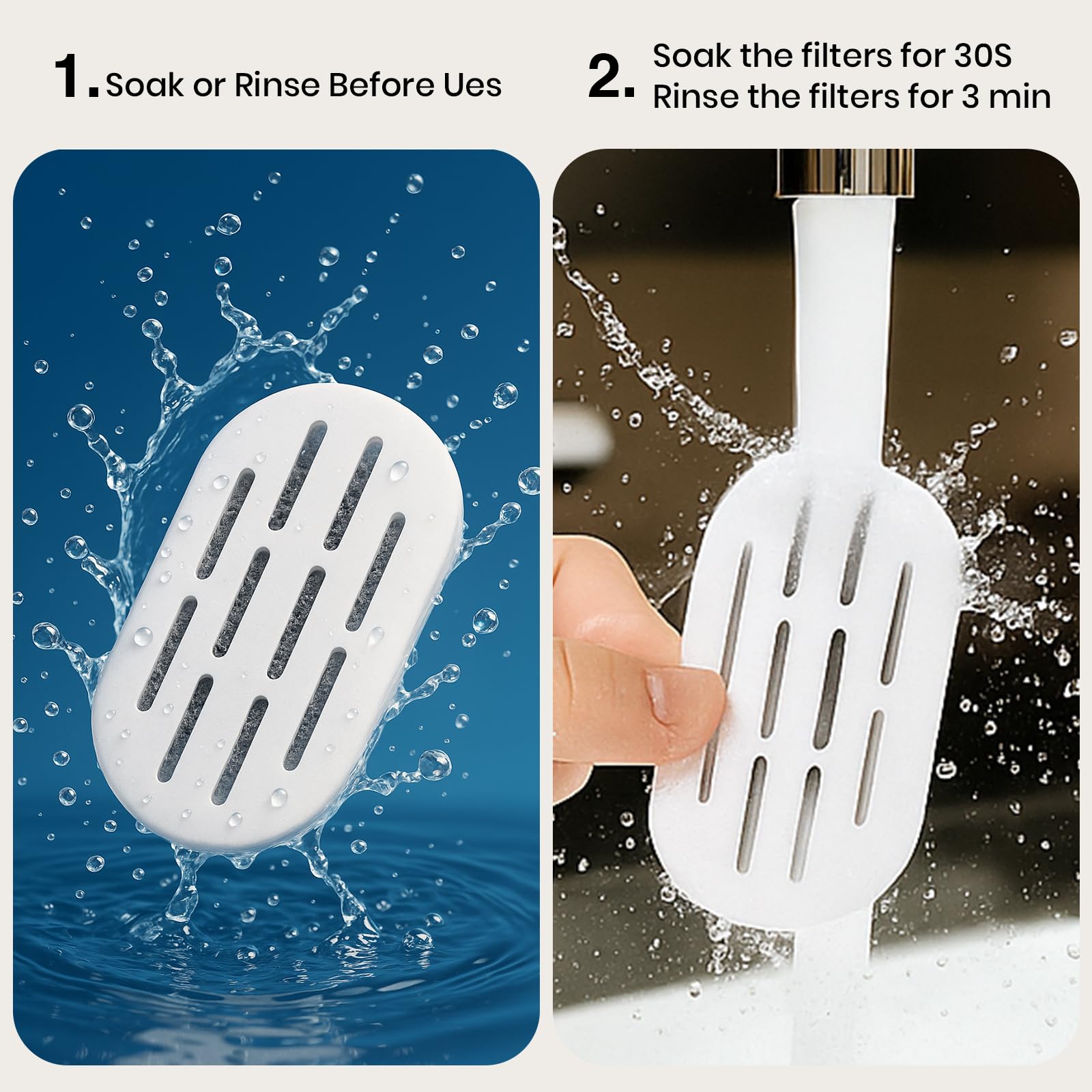 DOOOB recommended soaking and rinsing to minimize carbon dust and extend filter life.