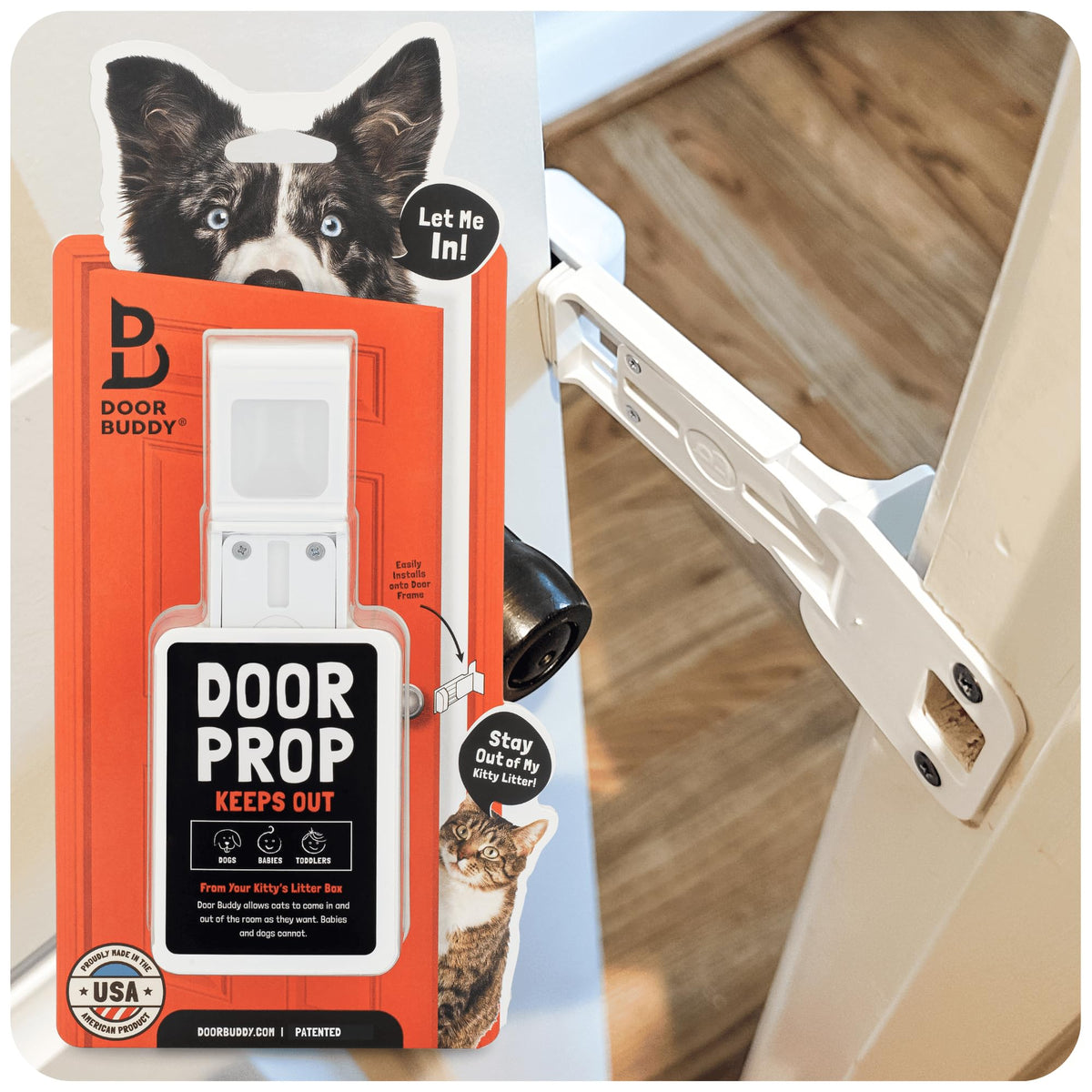 Door Buddy cat door prop side view highlights easy pet access and room control.