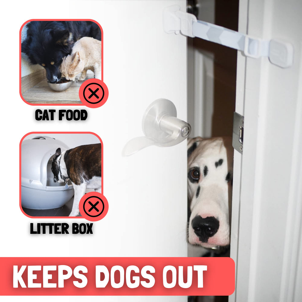Door Buddy dog-proof litter box scene illustrates dogs kept out but cat free to access.