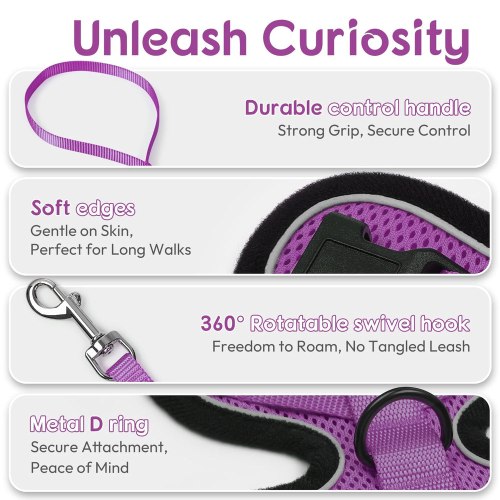 Dooradar cat harness purple leash-360-clip image demonstrates tangle-free movement