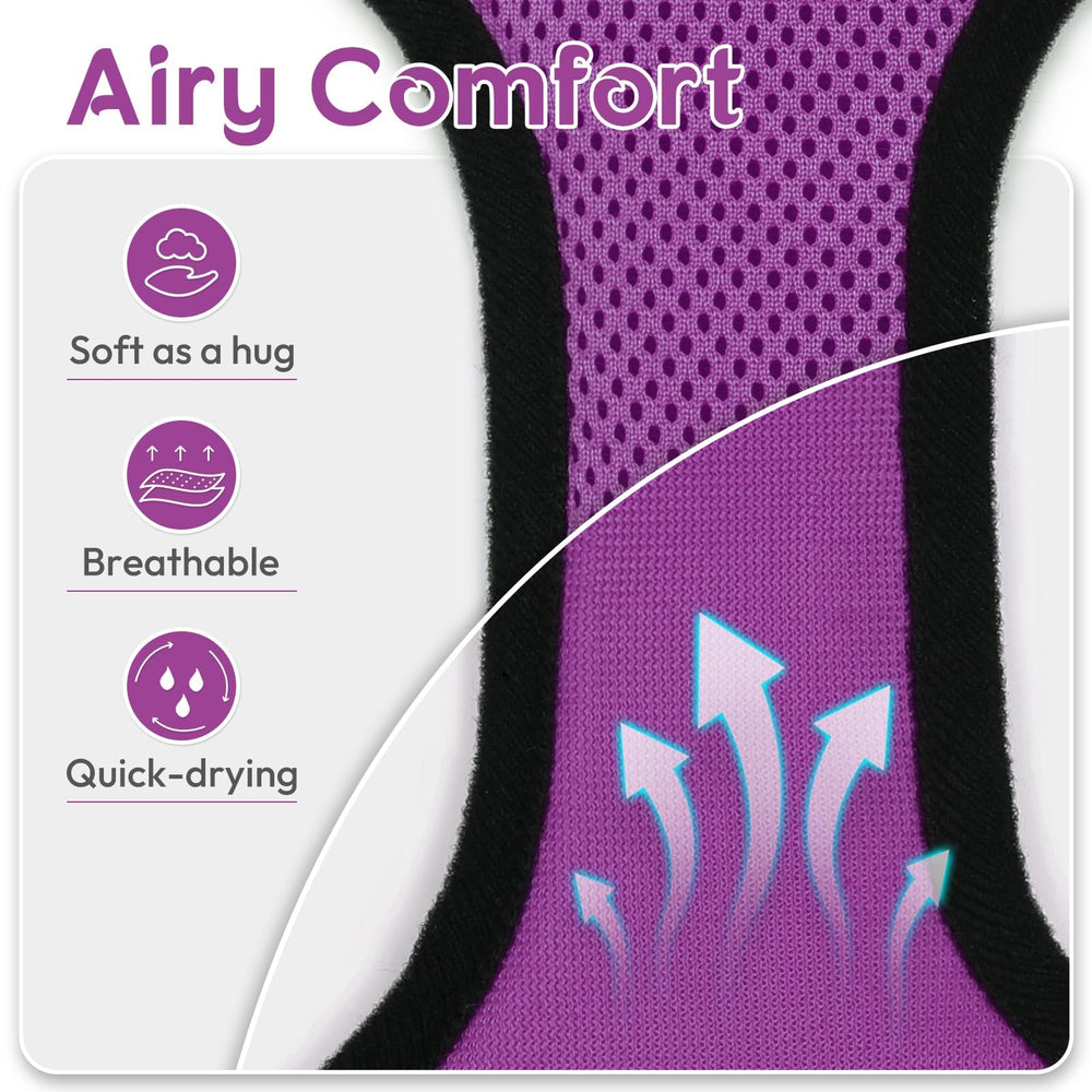 Dooradar cat harness purple on-cat view demonstrates stable harness for calm strolls