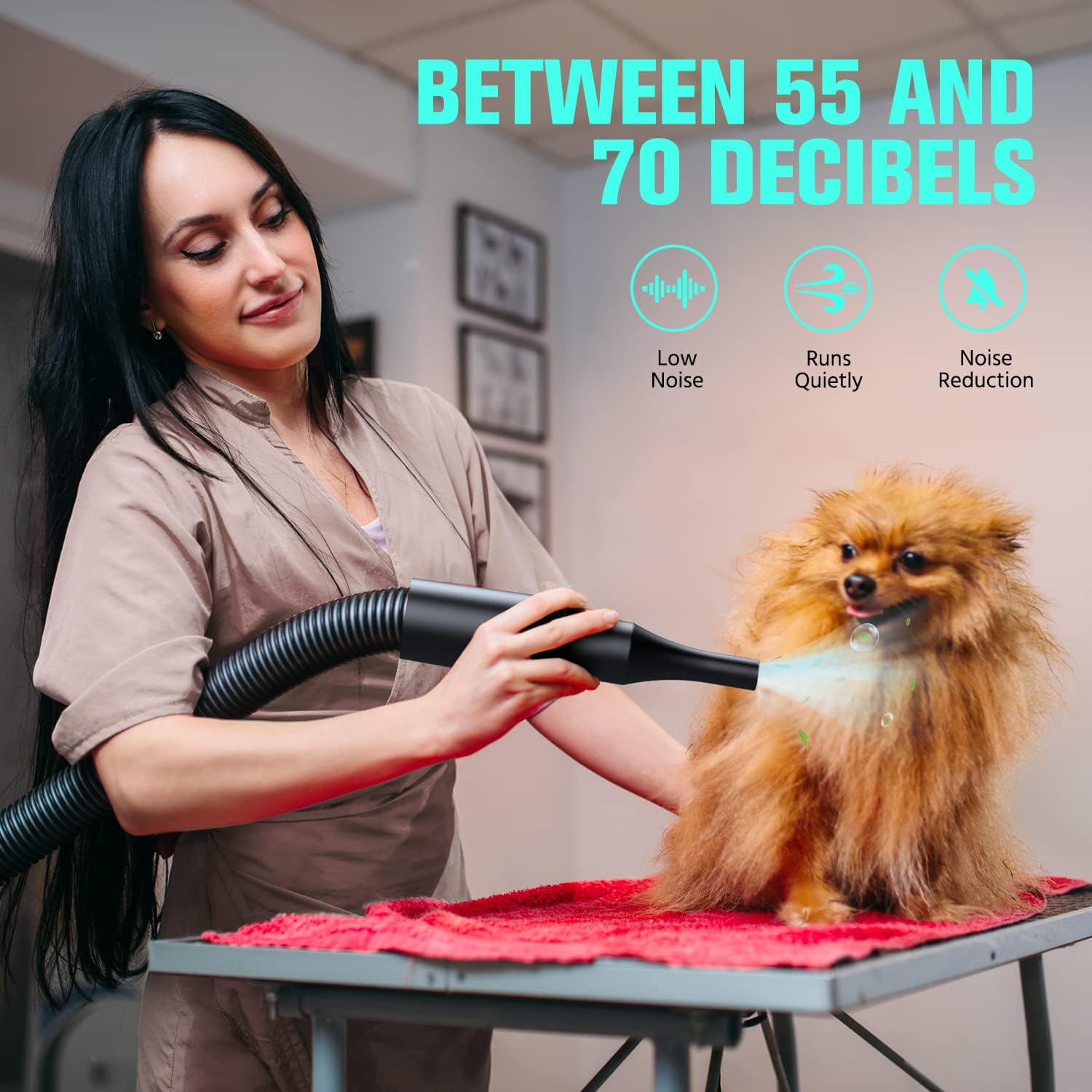 DOPICT pet dryer-flexible-hose reaches wriggly dogs during drying