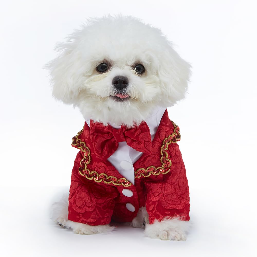 DOTEYAYP dog tuxedo shirt red jacquard close-up, textured elegance for celebrations
