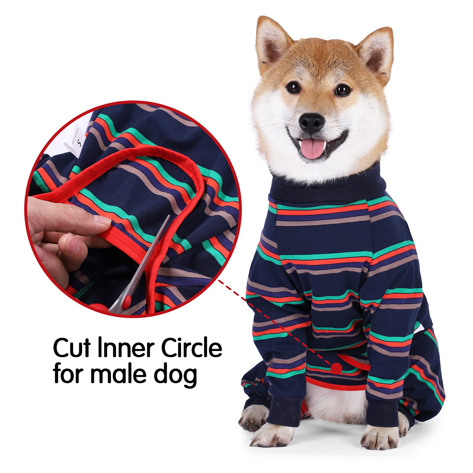 Dotoner dog recovery suit blue back view highlights breathable fabric.