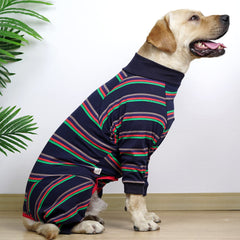 Dotoner dog recovery suit blue side view demonstrates flexible movement.