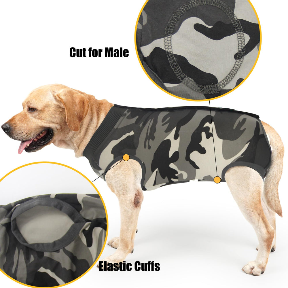 Dotoner dog recovery suit camouflage XXL buttons closeup shows adjustable fit.