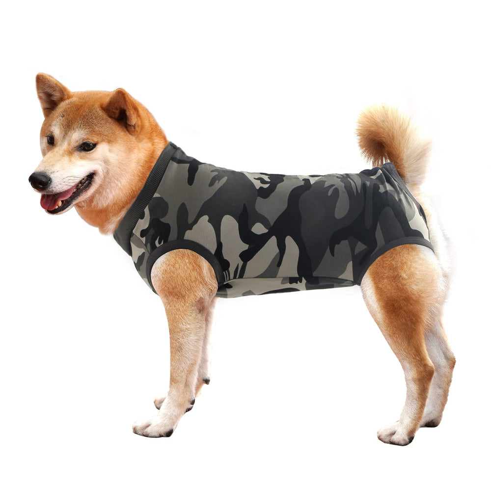 Dotoner dog recovery suit camouflage XXL front view protects wounds.