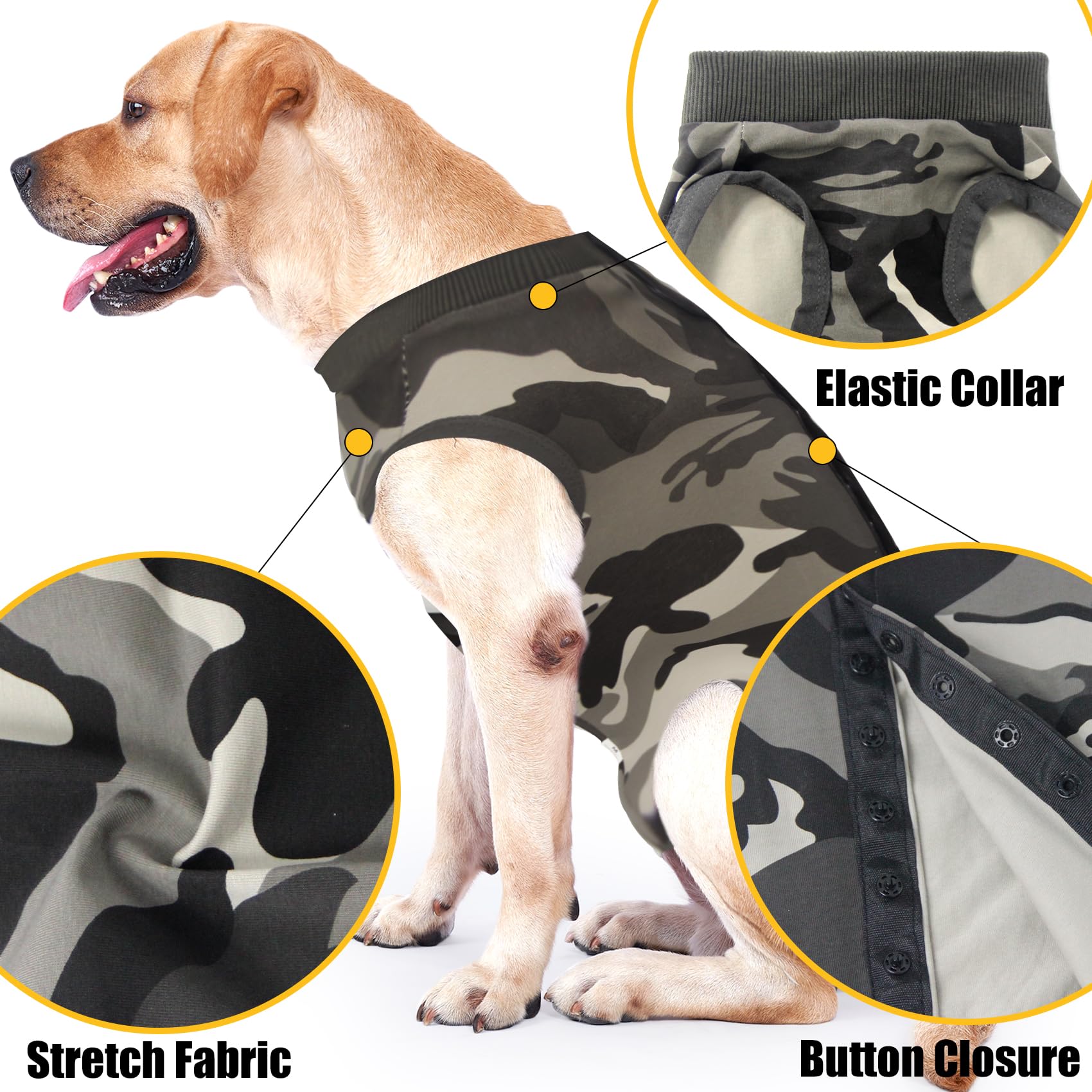 Dotoner dog recovery suit camouflage XXL worn on dog demonstrates post-op comfort.
