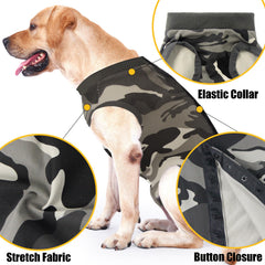Dotoner dog recovery suit camouflage XXL worn on dog demonstrates post-op comfort.