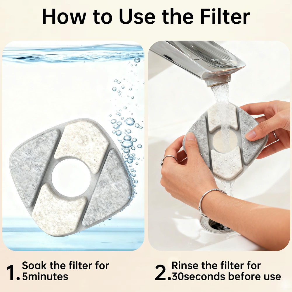 Dotzrin cat water fountain pump filter system closeup reveals multi-stage filtration.