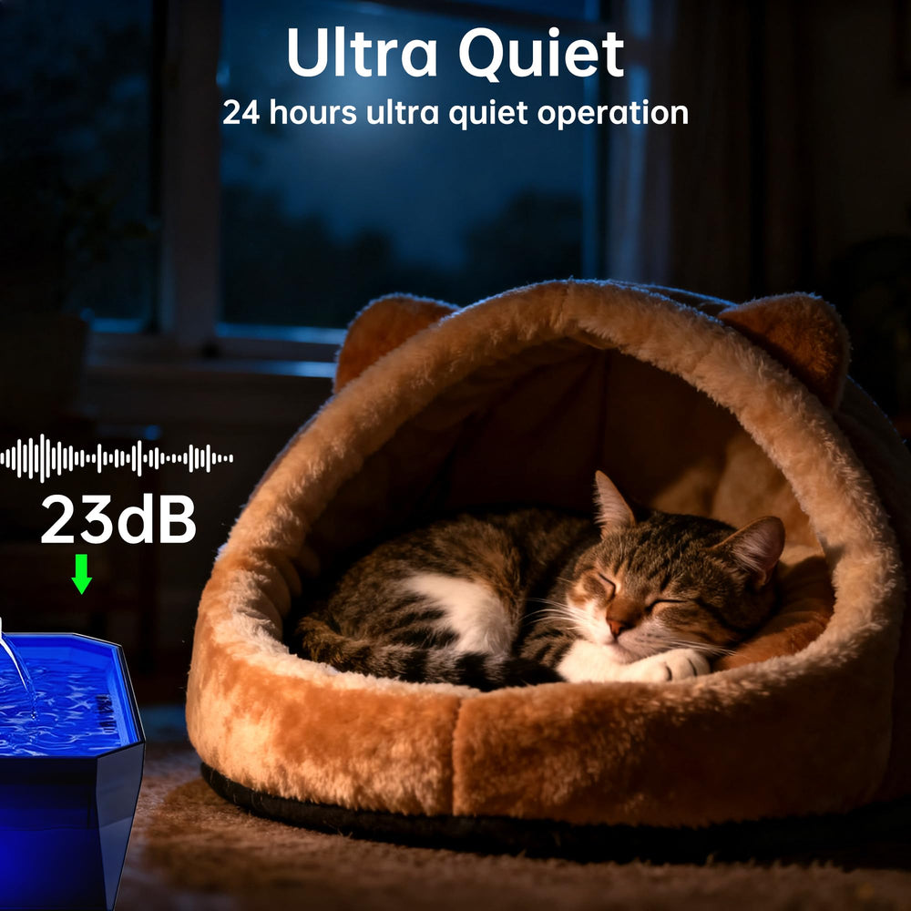 Dotzrin cat water fountain pump in use shows continuous water circulation.
