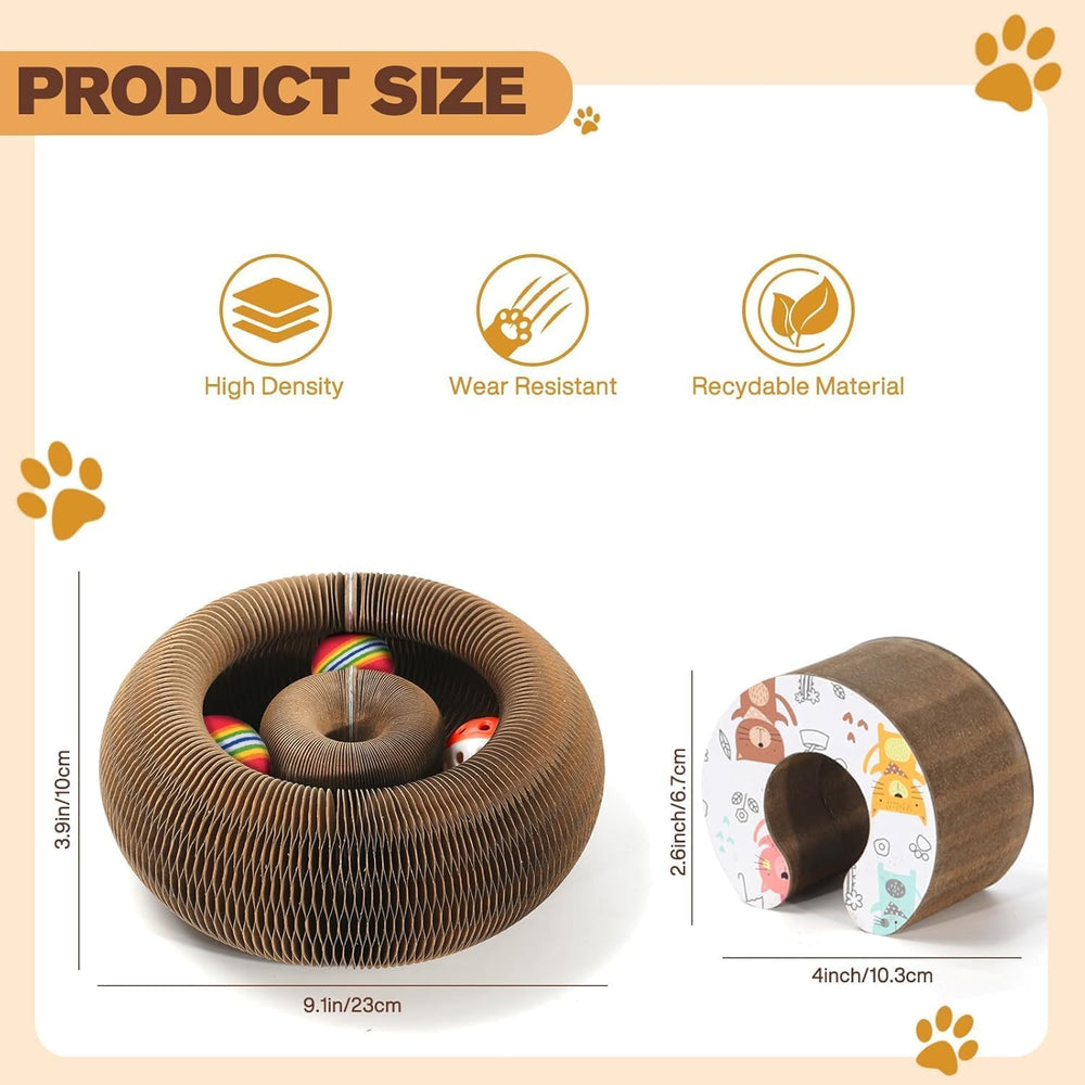 DoubleCare Magic Organ circular-track scratcher engages cats with a three-ball challenge.