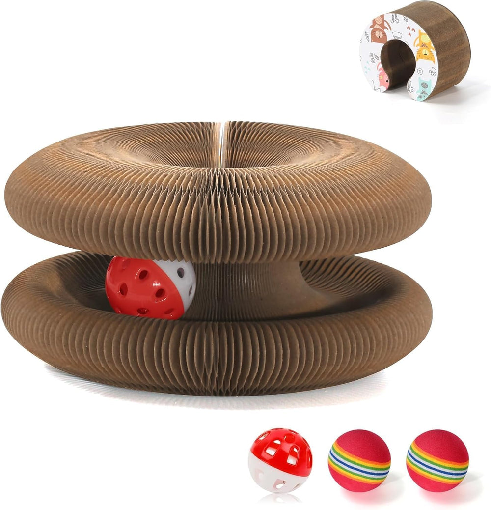 DoubleCare Magic Organ folded-shape scratcher demonstrates versatile play and space saving.