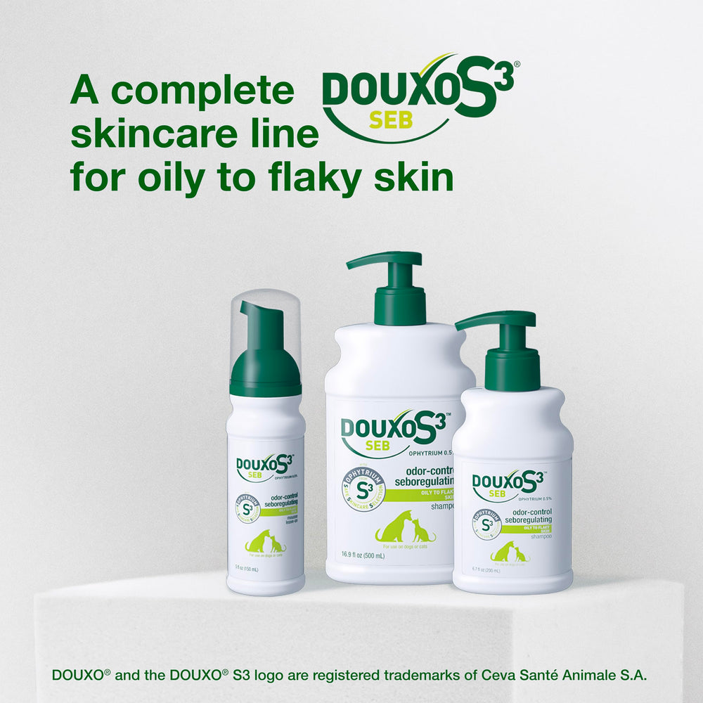 Product image suggests reduced dandruff with Douxo S3 SEB Shampoo.