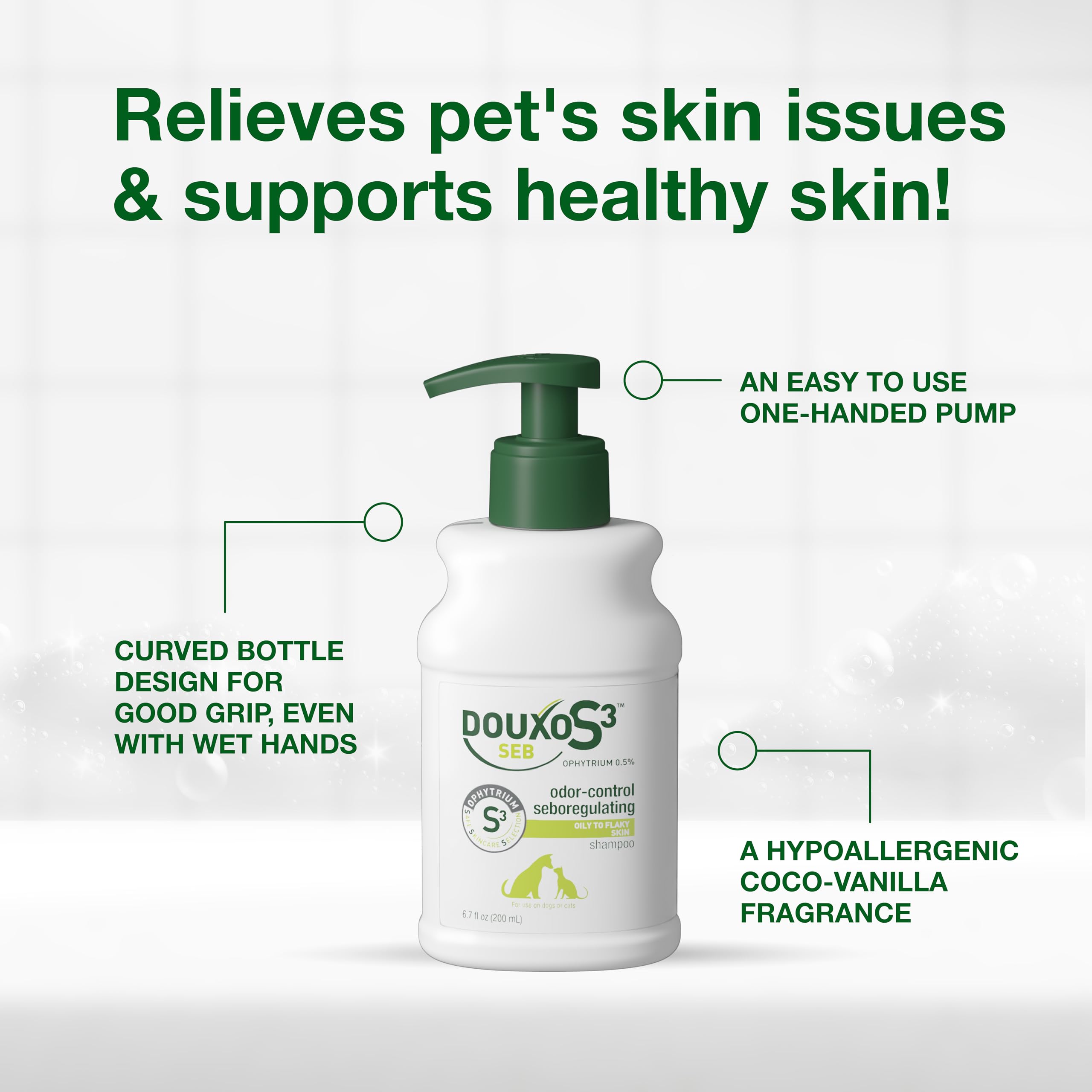 Dogs and cats enjoying bath time with Douxo S3 SEB Shampoo 200ml bottle.