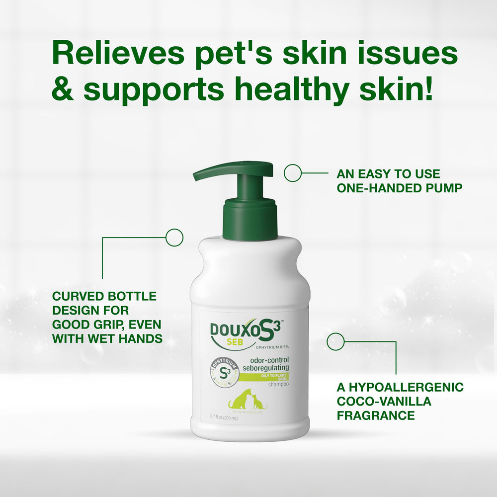 Dogs and cats enjoying bath time with Douxo S3 SEB Shampoo 200ml bottle.