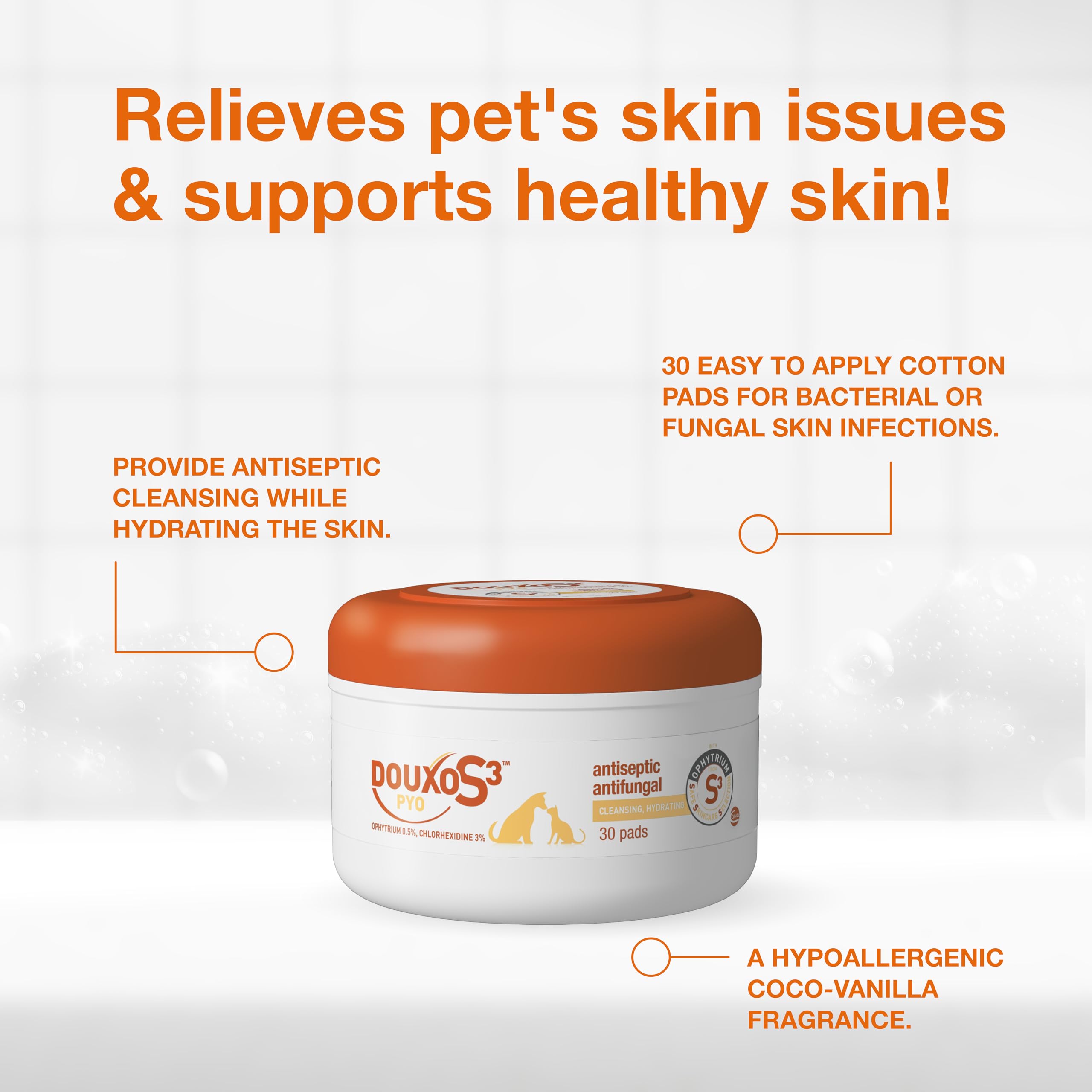 Douxo S3 Pyo Pads label emphasizes hydration and barrier support benefits.