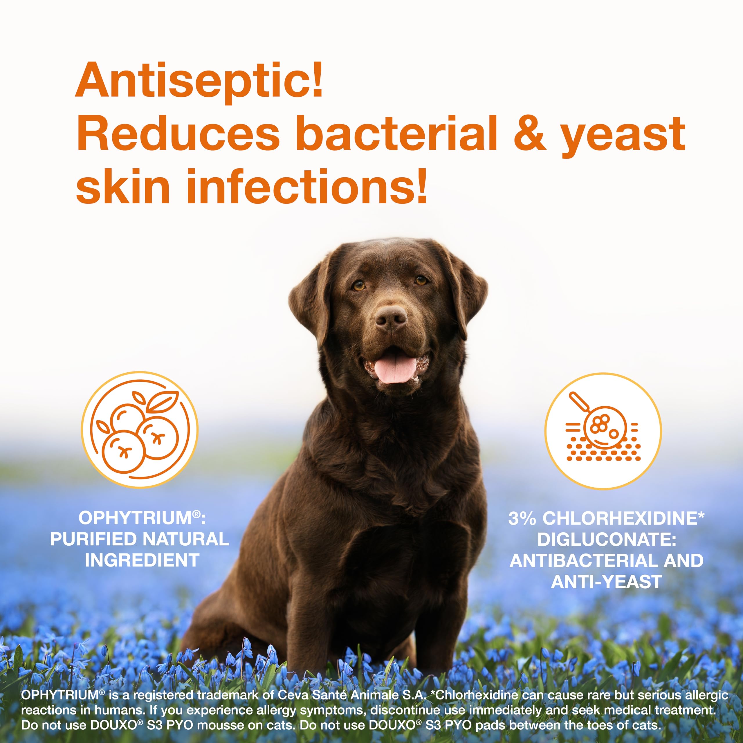 Douxo S3 Pyo Pads label highlights Ophytrium ingredient for skin health.