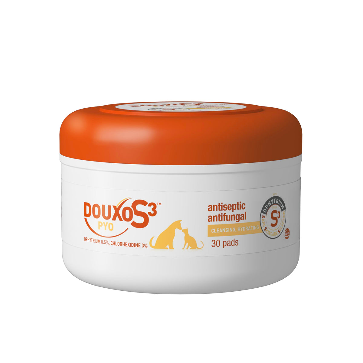 Douxo S3 Pyo Pads packaging shows 30 pads for antiseptic cleansing and barrier support.