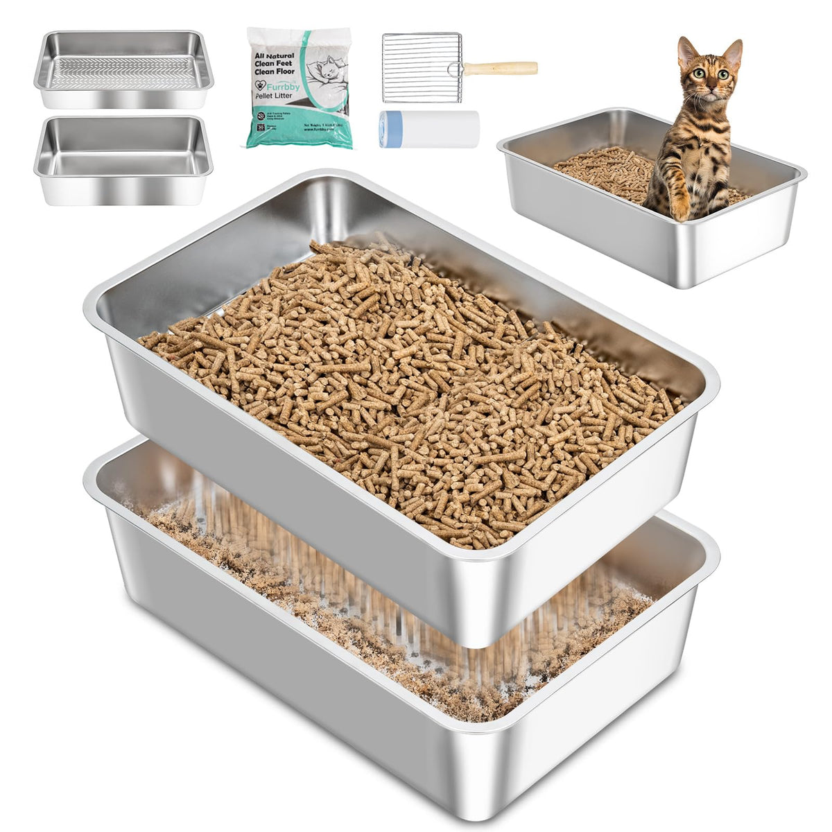 Dowanoqo stainless-steel sifting litter box top view highlights durability and easy cleanup