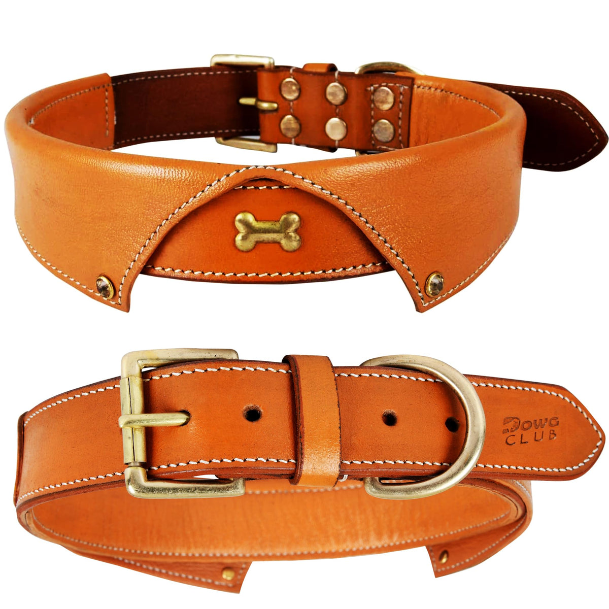 DowgClub genuine leather dog collar front view shows durable construction for long-lasting wear.