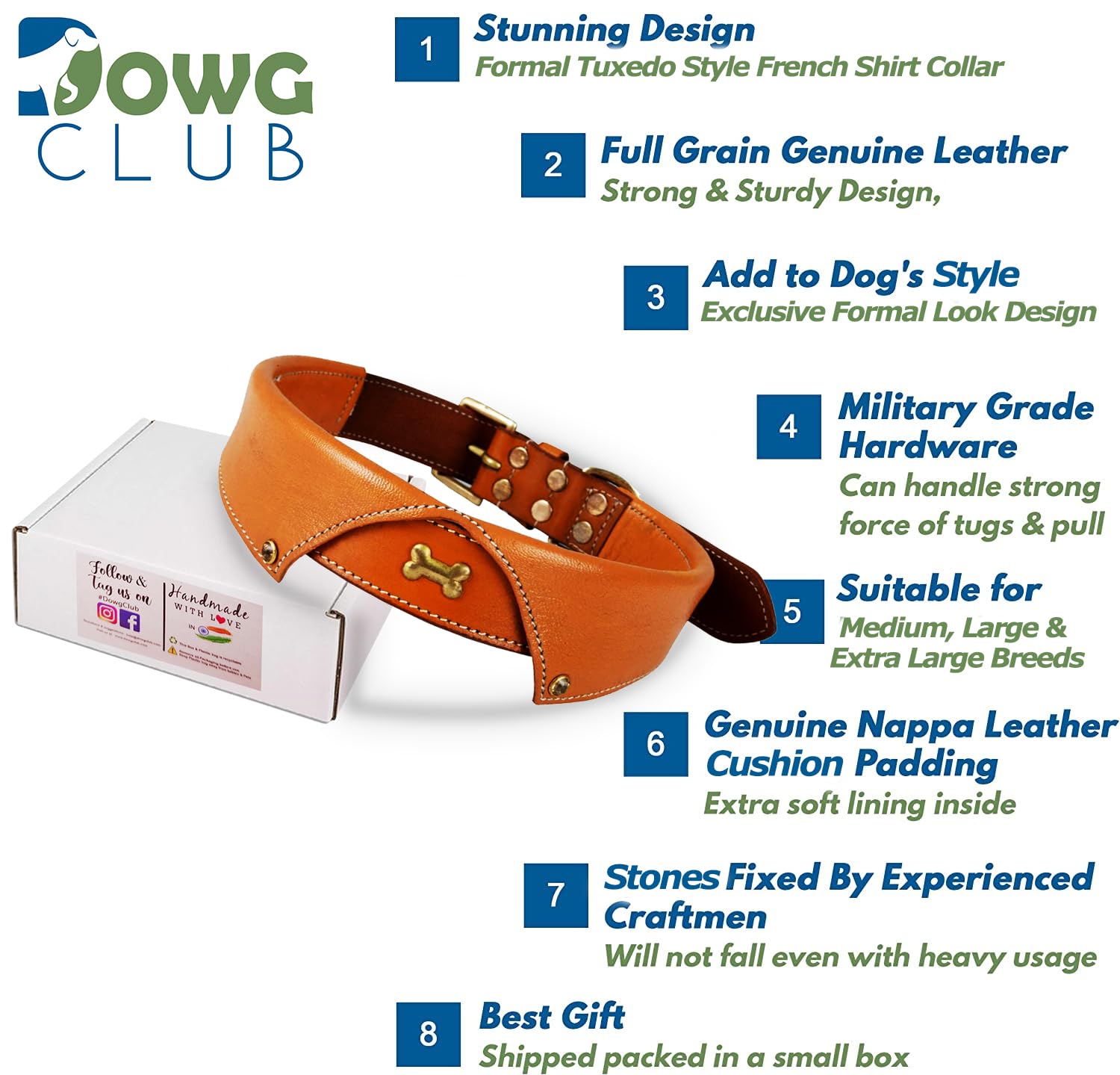 DowgClub genuine leather dog collar side profile highlights comfortable fit with padding.