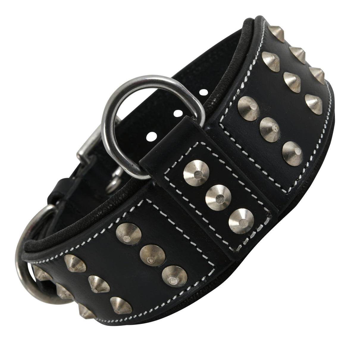 DowgClub leather studded collar with brazier rivets in black for durable XL dog adventures