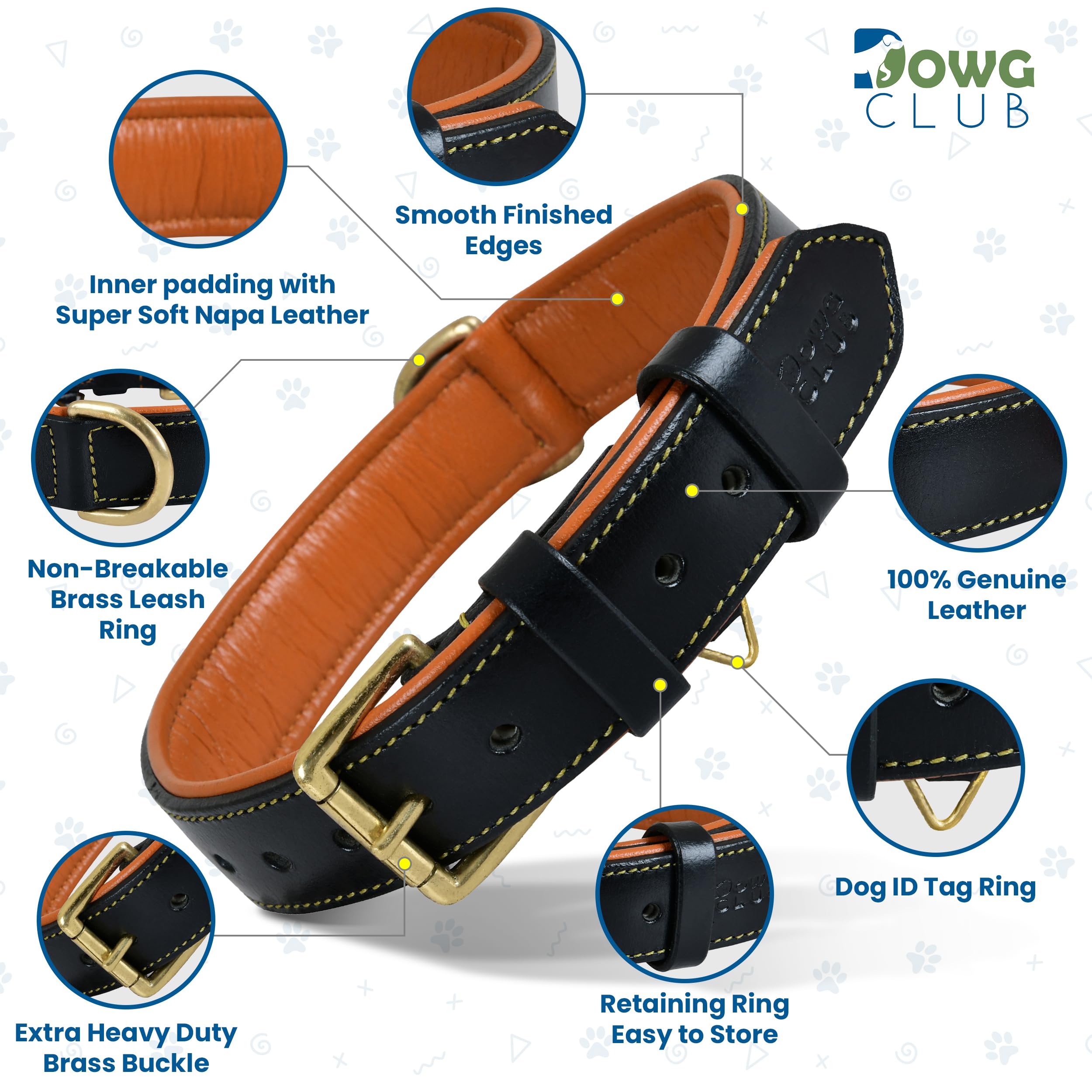 DowgClub soft Napa leather padding—gentle, comfortable contact for long walks.