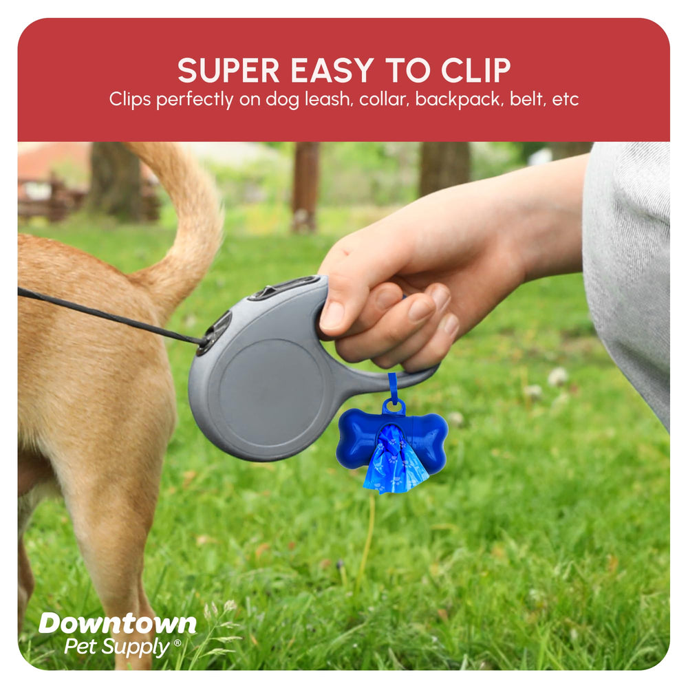Downtown Pet Supply bone-shaped dispenser stays securely clipped to your leash.