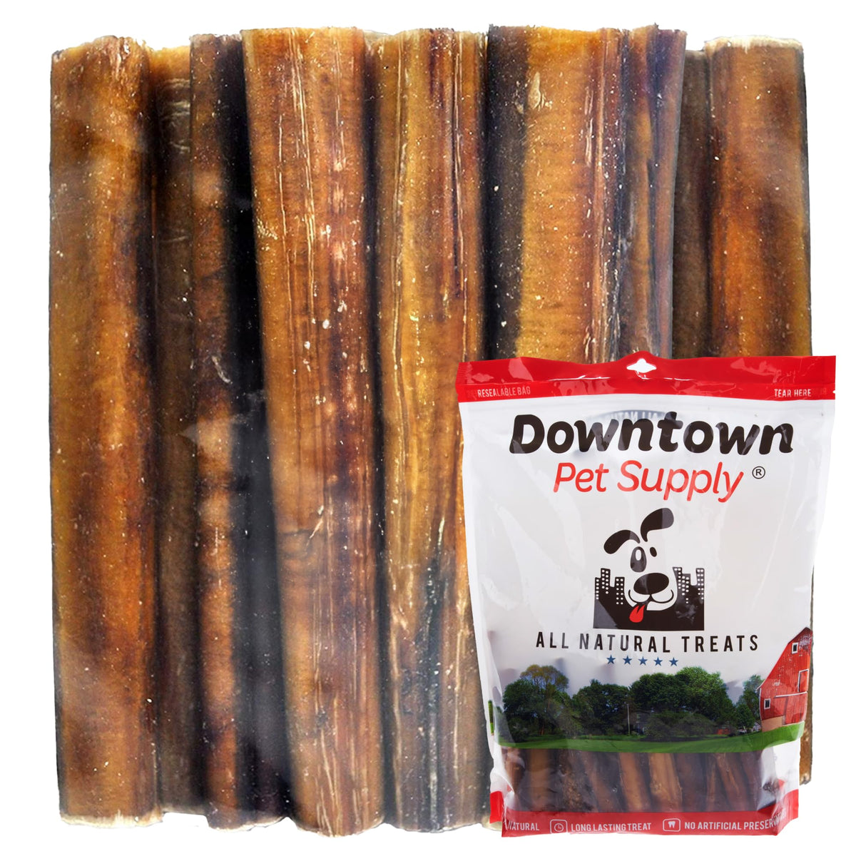 Downtown Pet Supply bully-stick 6in large-dog packaging, showcasing a long-lasting, USA-made chew.