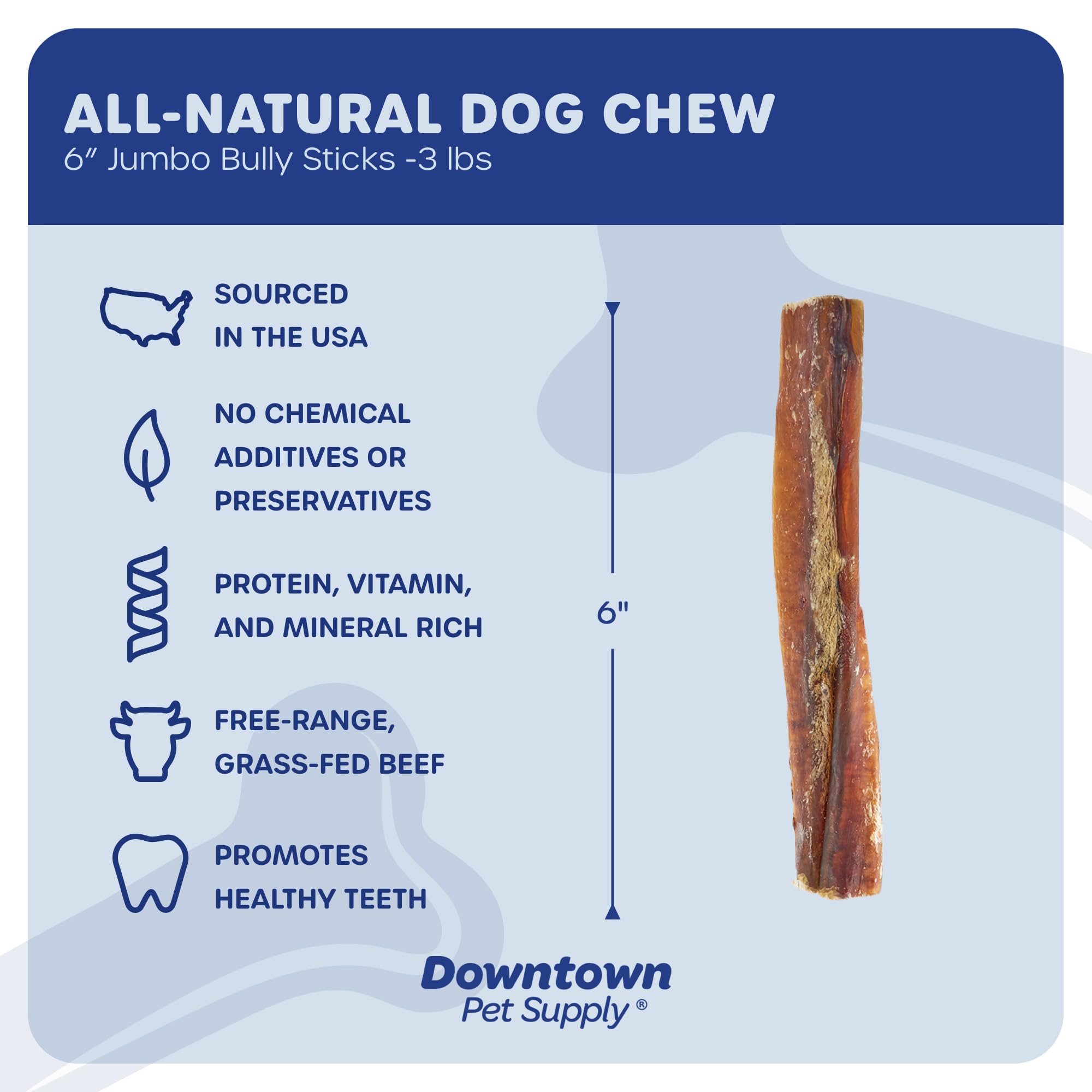 Downtown Pet Supply bully-stick 6in long-lasting chew for large dogs, ideal for extended play.